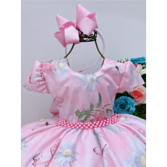 Vestido Infantil Rosa Jardim das Flores Cinto Pérolas Luxo