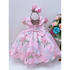 Vestido Infantil Rosa Jardim das Flores Cinto Pérolas Luxo