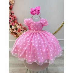 Vestido Infantil Rosa Tule C/ Bolinhas e Cinto de Pérolas
