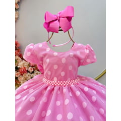 Vestido Infantil Rosa Tule C/ Bolinhas e Cinto de Pérolas