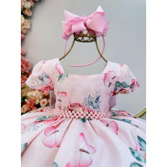 Vestido Infantil Rosa Jardim das Borboletas Damas Luxo Pérolas