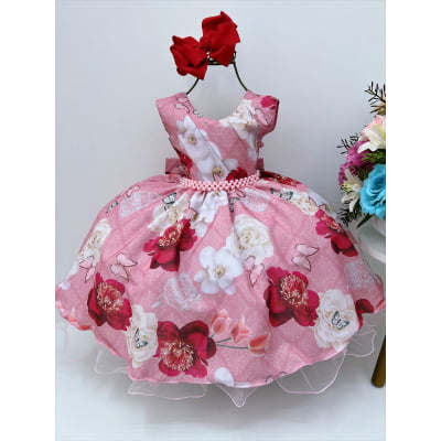 Vestido Infantil Rose Jardim das Borboletas e Pérolas Luxo