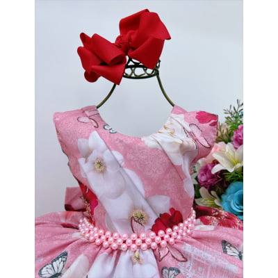 Vestido Infantil Rose Jardim das Borboletas e Pérolas Luxo