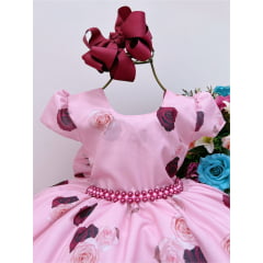 Vestido Infantil Rosé Jardim das Flores Luxo Pérolas