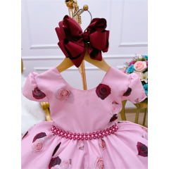 Vestido Infantil Rosé Jardim das Flores Luxo Pérolas