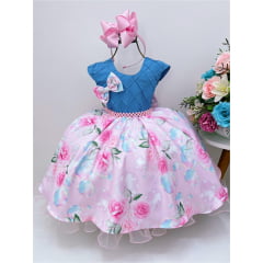 Vestido Infantil Saia Floral e Peito Cor Jeans Sem Máscara