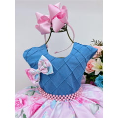Vestido Infantil Saia Floral e Peito Cor Jeans Sem Máscara