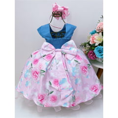 Vestido Infantil Saia Floral e Peito Cor Jeans Sem Máscara