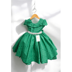 Vestido Infantil Verde Laise C/ Babados e Cinto de Pérolas