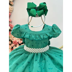 Vestido Infantil Verde Laise C/ Babados e Cinto de Pérolas