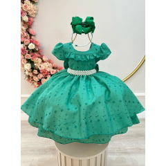 Vestido Infantil Verde Laise C/ Babados e Cinto de Pérolas