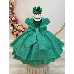 Vestido Infantil Verde Laise C/ Babados e Cinto de Pérolas