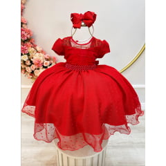 Vestido Infantil Vermelho Busto Nervura e Tule Pipoquinha