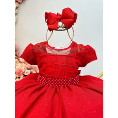 Vestido Infantil Vermelho Busto Nervura e Tule Pipoquinha