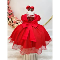 Vestido Infantil Vermelho Busto Nervura e Tule Pipoquinha