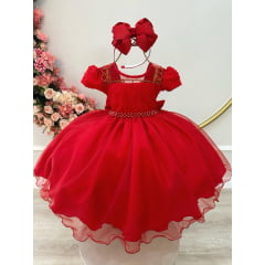 Vestido Infantil Vermelho C/ Tule Pipoquinha Daminhas Festas