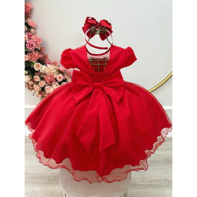 Vestido Infantil Vermelho C/ Tule Pipoquinha Daminhas Festas