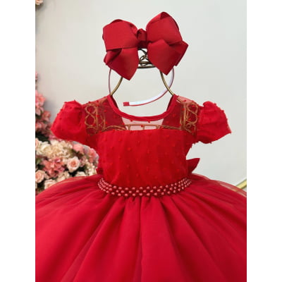 Vestido Infantil Vermelho C/ Tule Pipoquinha Daminhas Festas