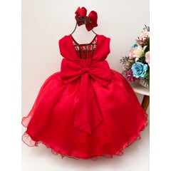 Vestido Infantil Vermelho Com Renda Cinto Pérolas
