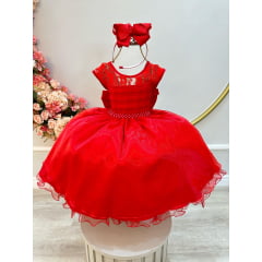 Vestido Infantil Vermelho Com Renda Cinto Pérolas