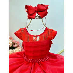 Vestido Infantil Vermelho Com Renda Cinto Pérolas