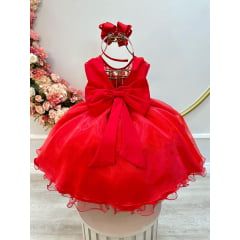 Vestido Infantil Vermelho Com Renda Cinto Pérolas