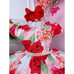 Vestido Infantil Vermelho Florido C/ Cinto de Pérolas Luxo