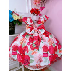 Vestido Infantil Vermelho Florido C/ Cinto de Pérolas Luxo