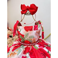 Vestido Infantil Vermelho Florido Luxo C/ Cinto de Pérolas