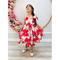 Vestido Infantil Vermelho Florido Luxo C/ Cinto de Pérolas