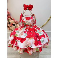 Vestido Infantil Vermelho Florido Luxo C/ Cinto de Pérolas