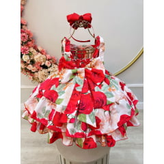 Vestido Infantil Vermelho Florido Luxo C/ Cinto de Pérolas