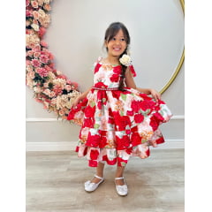 Vestido Infantil Vermelho Florido Luxo C/ Cinto de Pérolas