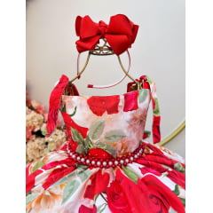 Vestido Infantil Vermelho Florido Luxo C/ Cinto de Pérolas