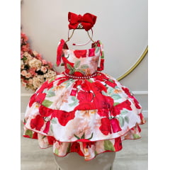 Vestido Infantil Vermelho Florido Luxo C/ Cinto de Pérolas