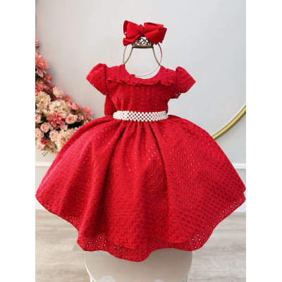 Vestido Infantil Vermelho Laise C/ Babados Daminhas Festas