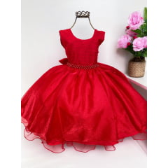 Vestido Infantil Vermelho Luxo Strass Voal Cinto Pérolas