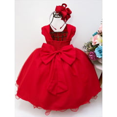 Vestido Infantil Vermelho Strass Voal Cinto Pérolas