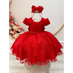 Vestido Infantil Vermelho Tule C/ Bolinhas e Cinto Pérolas
