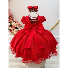Vestido Infantil Vermelho Tule C/ Bolinhas e Cinto Pérolas