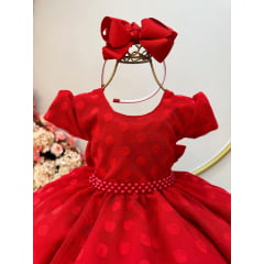 Vestido Infantil Vermelho Tule C/ Bolinhas e Cinto Pérolas