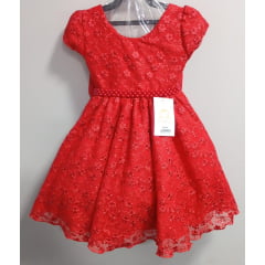 Vestido Infantil Vermelho Tule C/ Renda Florido Cinto de Pérolas