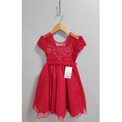 Vestido Infantil Vermelho Tule Pipoquinha Luxo C/ Pérolas