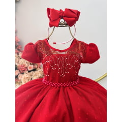Vestido Infantil Vermelho Tule Pipoquinha Luxo C/ Pérolas