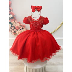 Vestido Infantil Vermelho Tule Pipoquinha Luxo C/ Pérolas