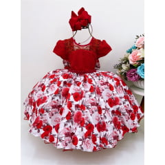 Vestido Infantil Vermelho Tule Rendado Cinto de Pérolas Luxo