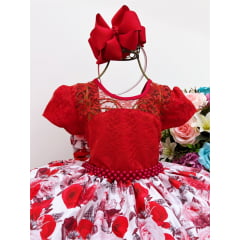 Vestido Infantil Vermelho Tule Rendado Cinto de Pérolas Luxo