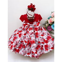 Vestido Infantil Vermelho Tule Rendado Cinto de Pérolas Luxo