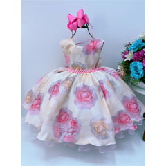 Vestido Infantil Amarelo Com Rosas Cinto De Pérolas
