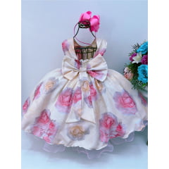 Vestido Infantil Amarelo Com Rosas Cinto De Pérolas